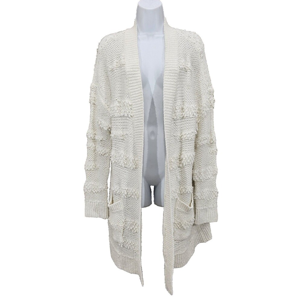 Womens Open Cardigan Sweater Pockets Long Chunky Knit Cream Boho Coastal Large